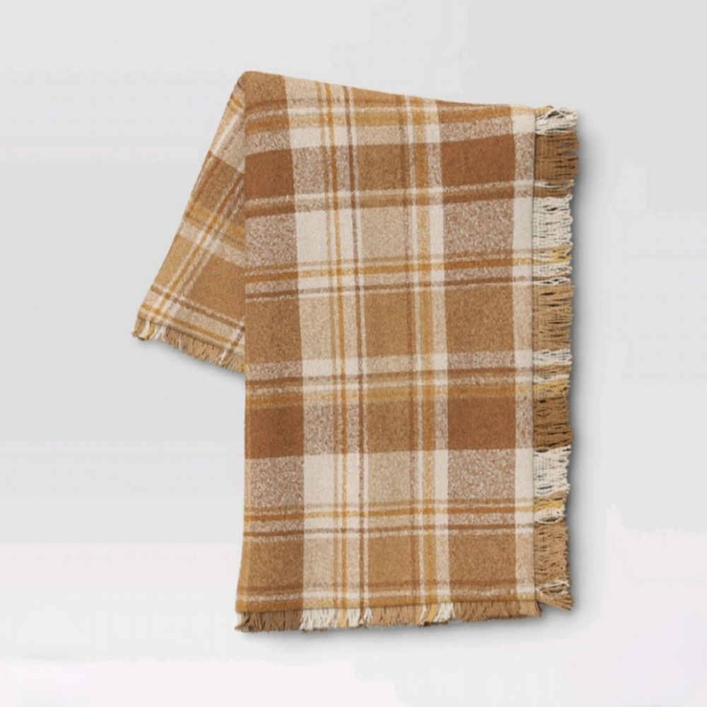 Threshold Raised Striped Boucle Plaid Throw Blanket Cream